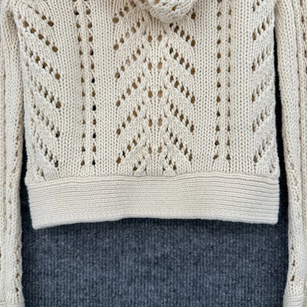 Vintage Old Navy Girls Chunky Open Knit Hooded Sweater Size S Cream Button Front